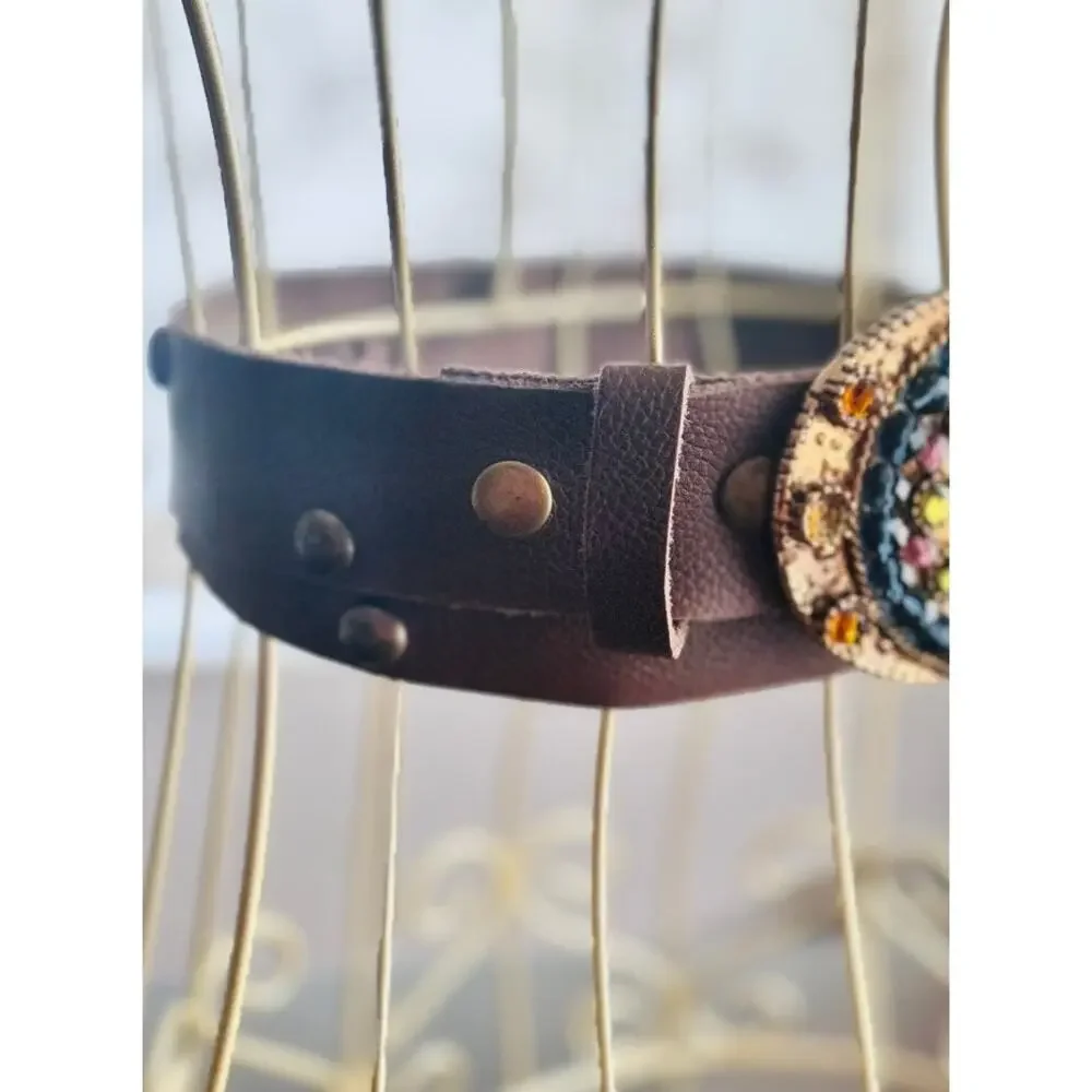 Vintage Brown Leather Jeweled Shield Buckle Belt Size 32